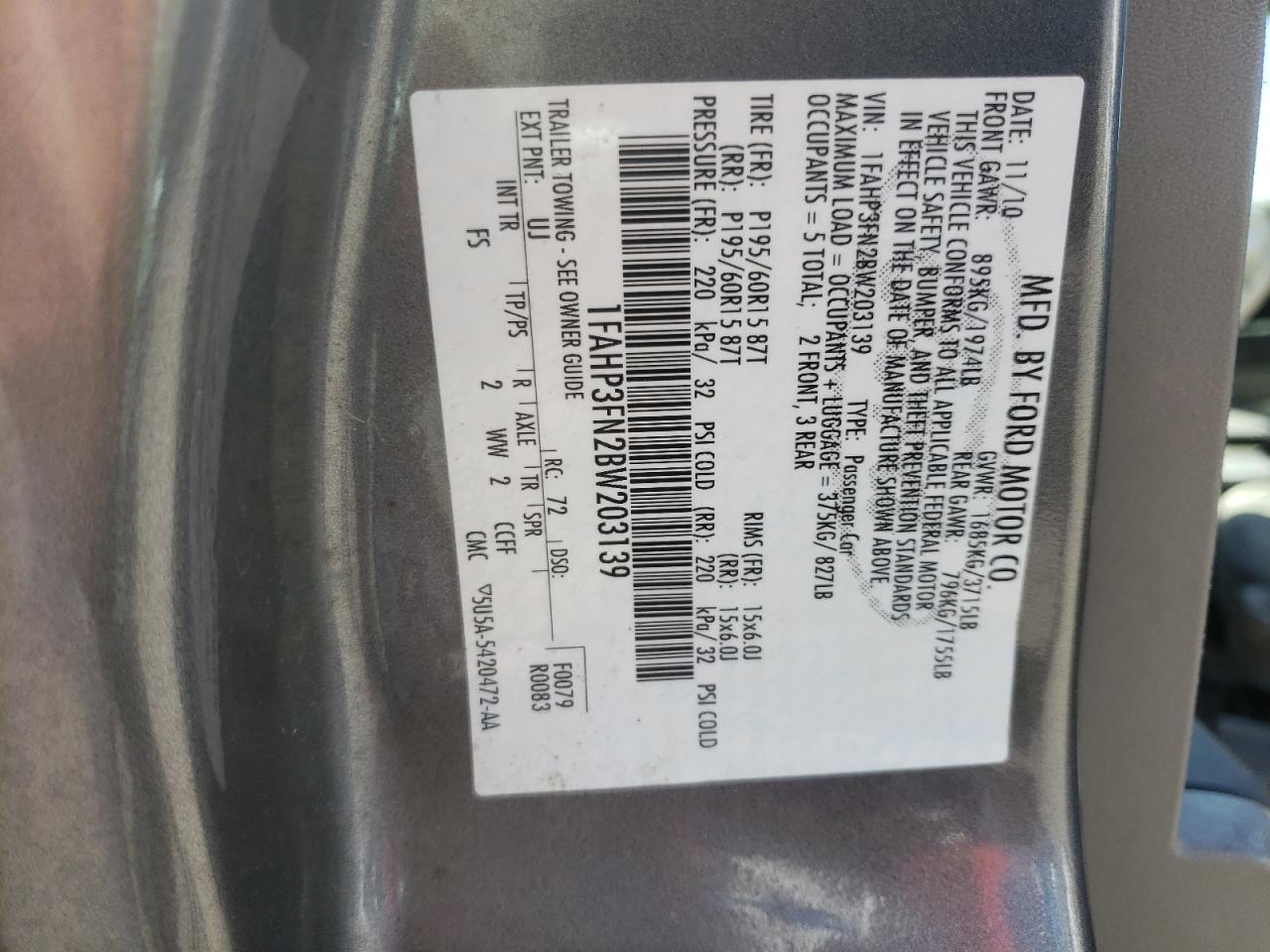 Photo 10 from auction – 2011 FORD FOCUS SE with VIN 1FAHP3FN2BW203139