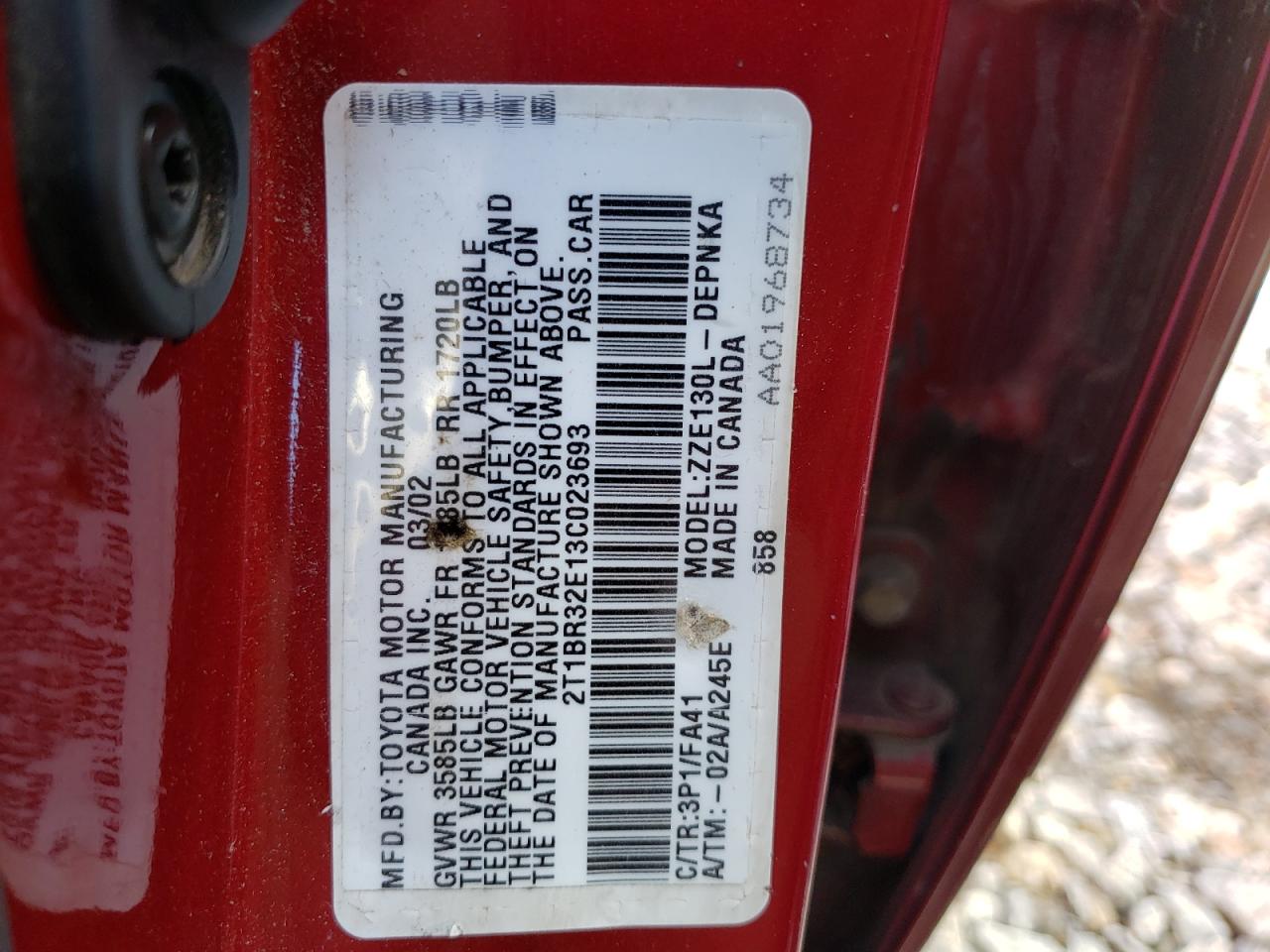 Photo 10 from auction – 2003 TOYOTA COROLLA CE with VIN 2T1BR32E13C023693
