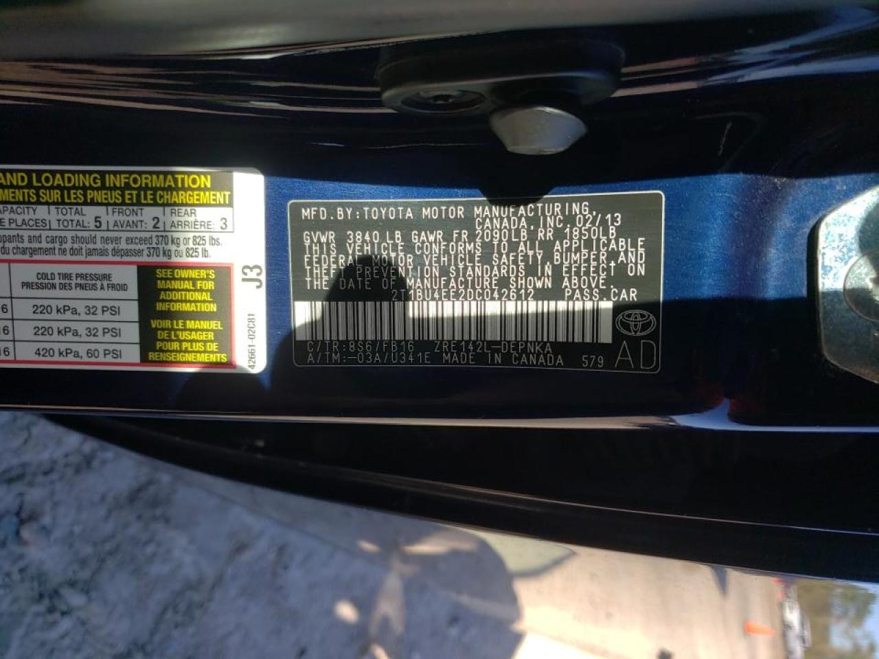 Photo 10 from auction – 2013 TOYOTA COROLLA BA with VIN 2T1BU4EE2DC042612