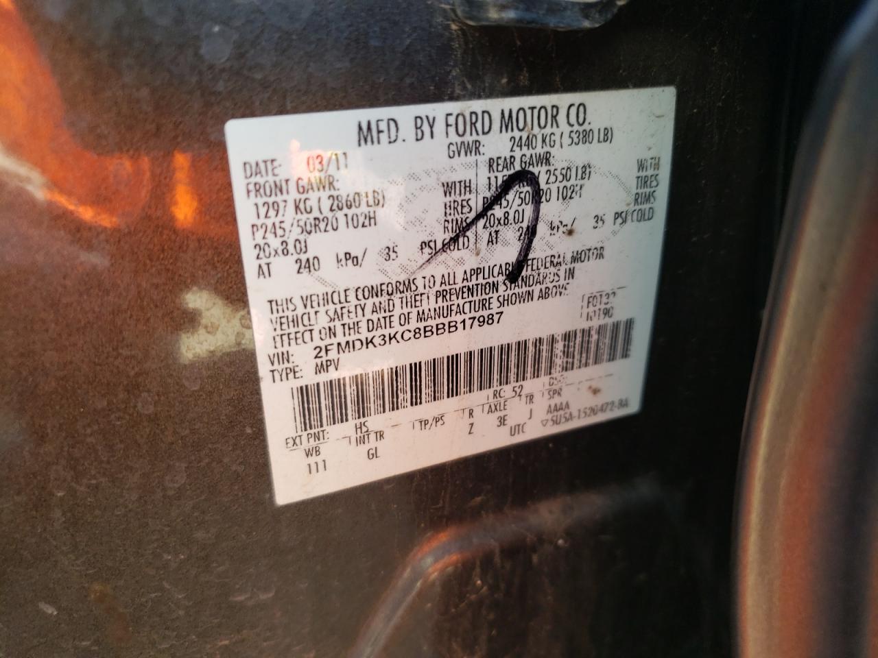 Photo 10 from auction – 2011 FORD EDGE LIMIT with VIN 2FMDK3KC8BBB17987