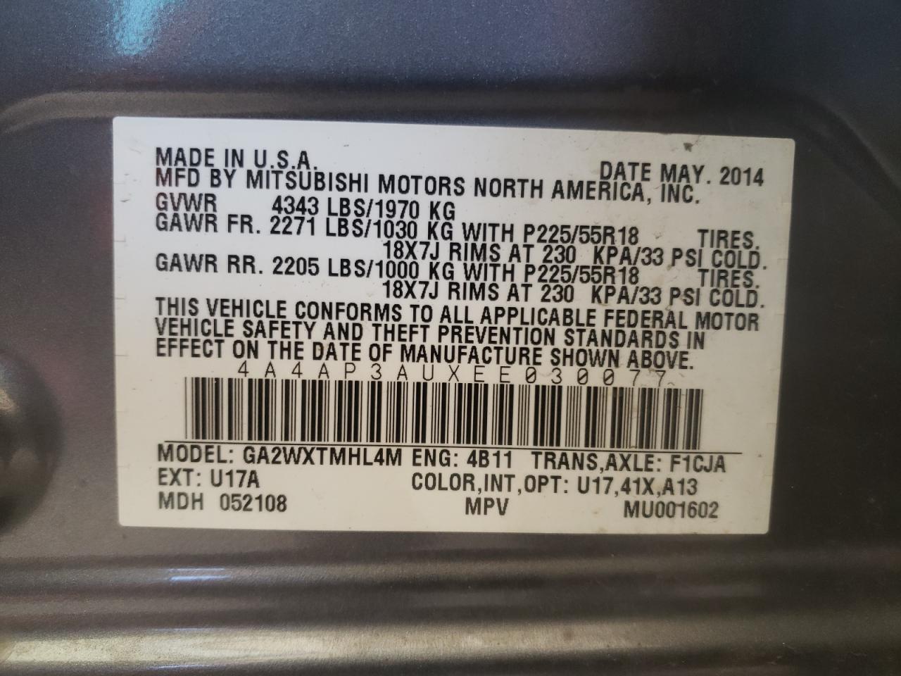 Photo 10 from auction – 2014 MITSUBISHI OUTLANDER with VIN 4A4AP3AUXEE030077