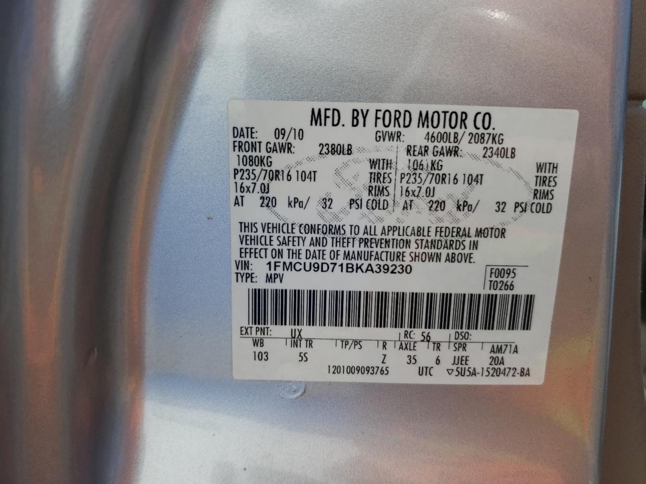 Photo 10 from auction – 2011 FORD ESCAPE XLT with VIN 1FMCU9D71BKA39230