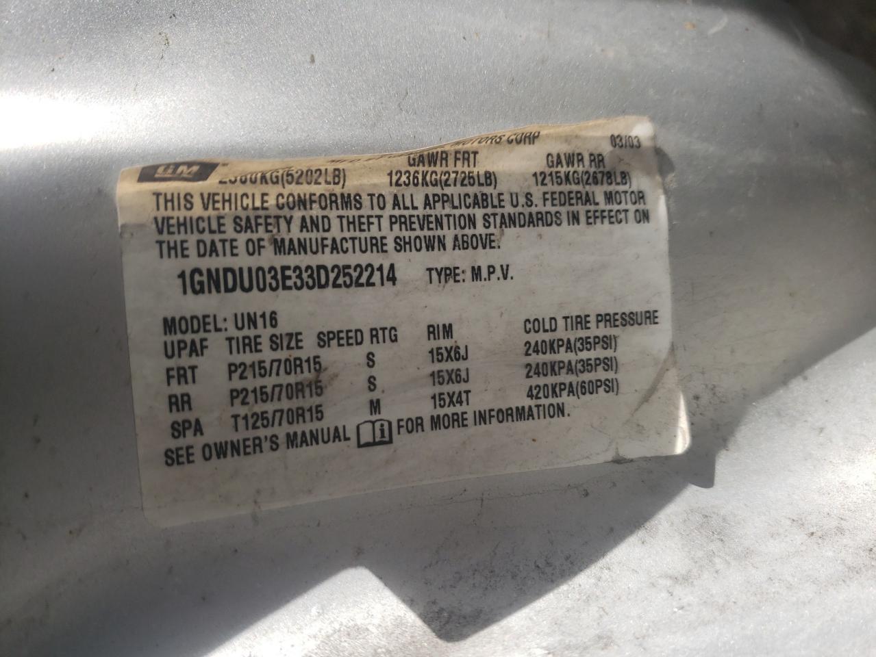 Photo 10 from auction – 2003 CHEVROLET VENTURE with VIN 1GNDU03E33D252214