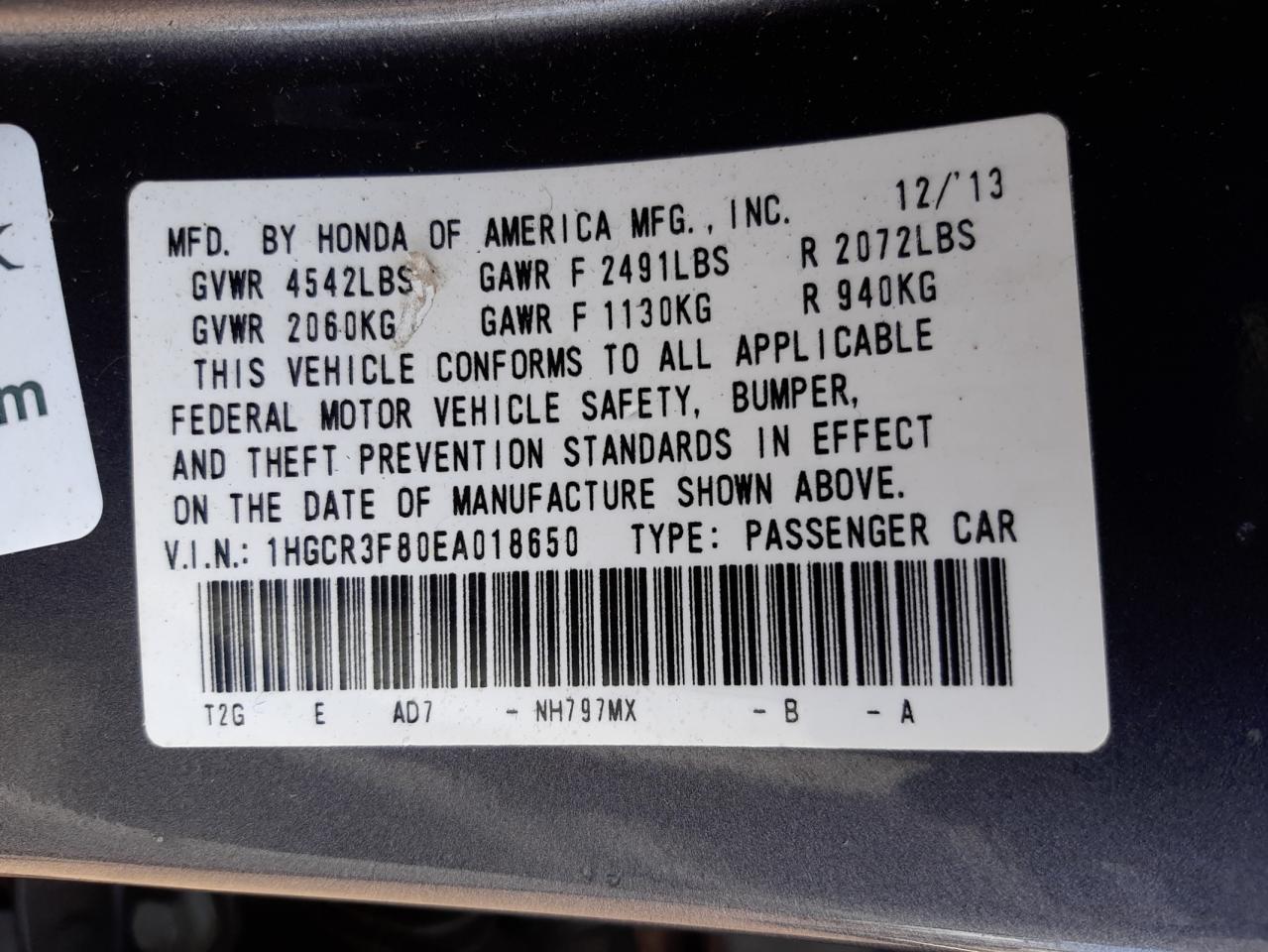 Photo 18 from auction – 2014 HONDA ACCORD EXL with VIN 1HGCR3F80EA018650