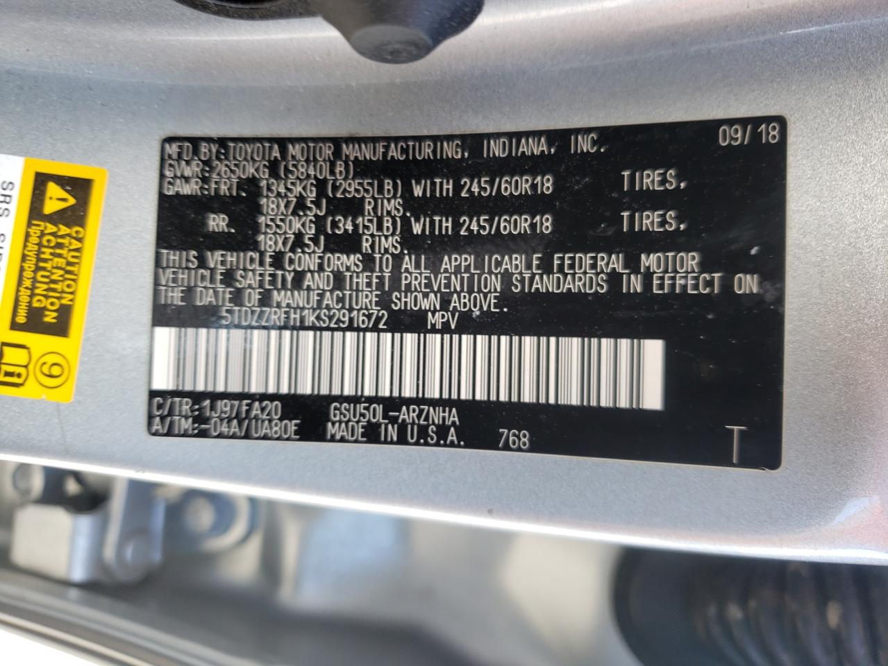 Photo 10 from auction – 2019 TOYOTA HIGHLANDER with VIN 5TDZZRFH1KS291672