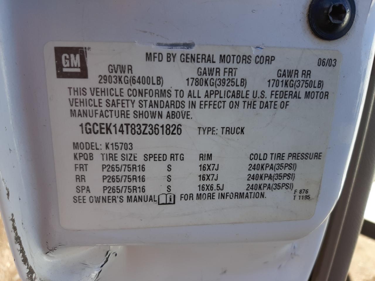 Photo 10 from auction – 2003 CHEVROLET SILVERADO with VIN 1GCEK14T83Z361826