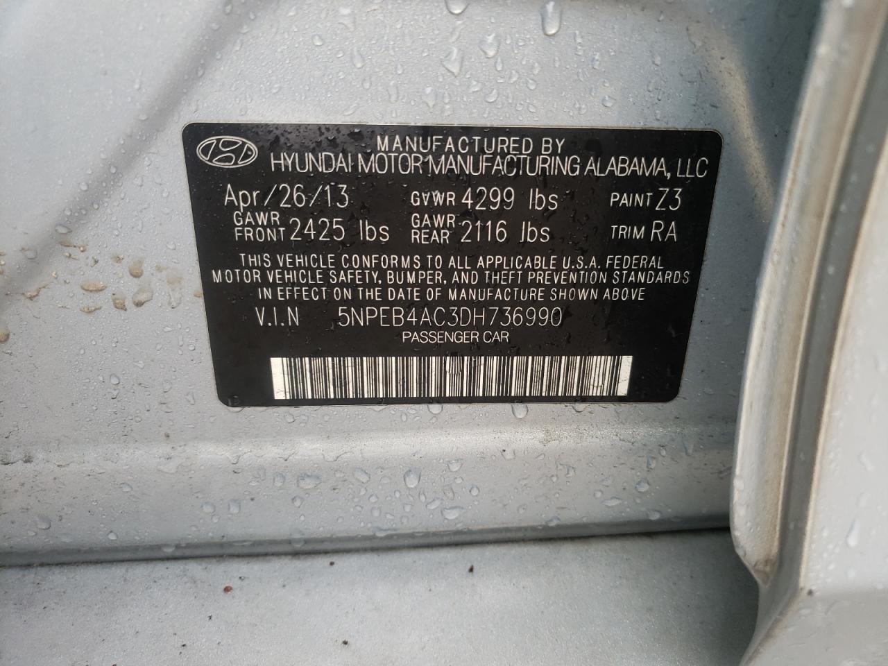 Photo 10 from auction – 2013 HYUNDAI SONATA GLS with VIN 5NPEB4AC3DH736990