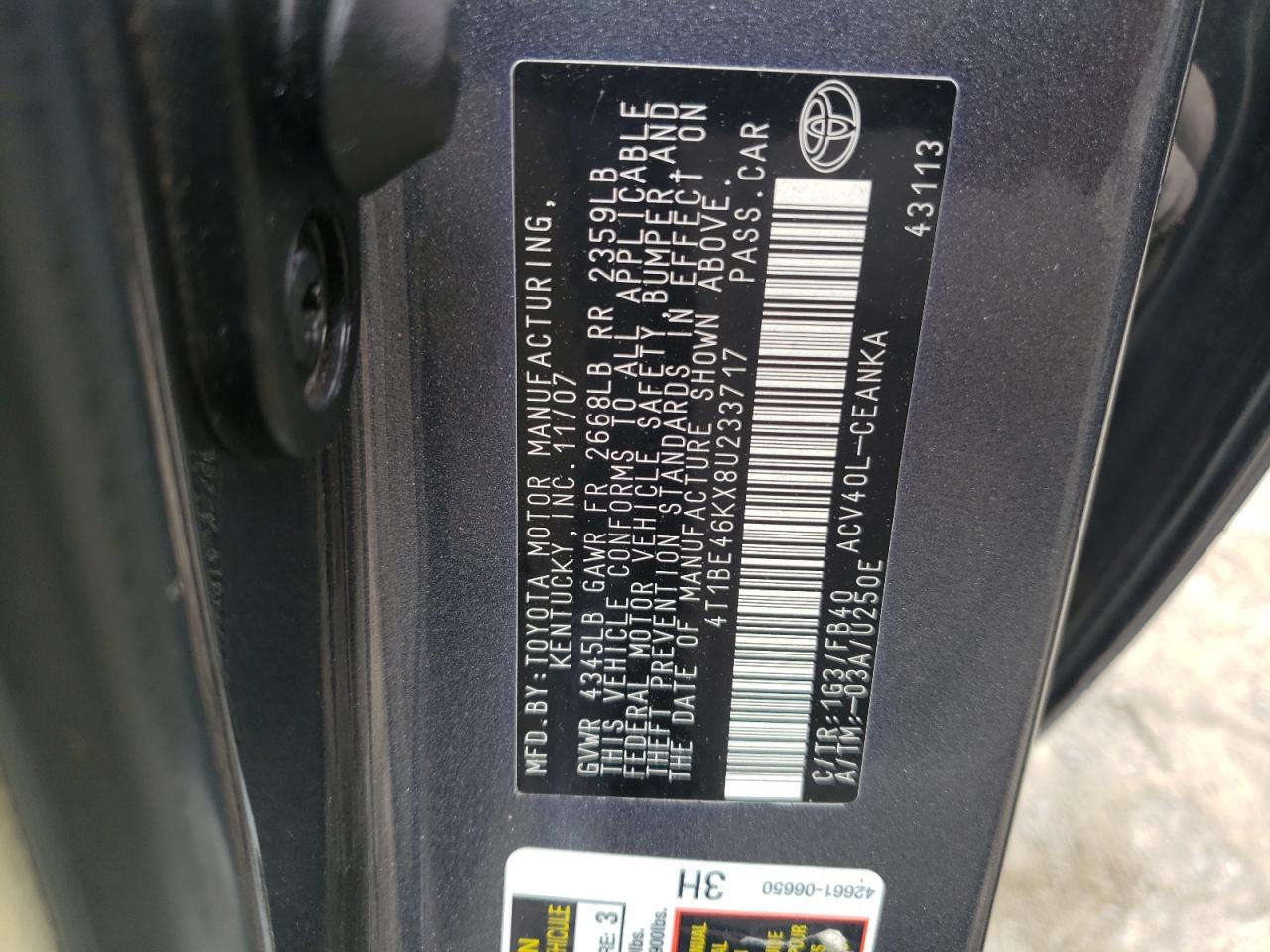 Photo 10 from auction – 2008 TOYOTA CAMRY CE with VIN 4T1BE46KX8U233717