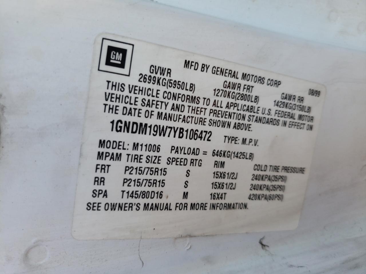 Photo 10 from auction – 2000 CHEVROLET ASTRO with VIN 1GNDM19W7YB106472