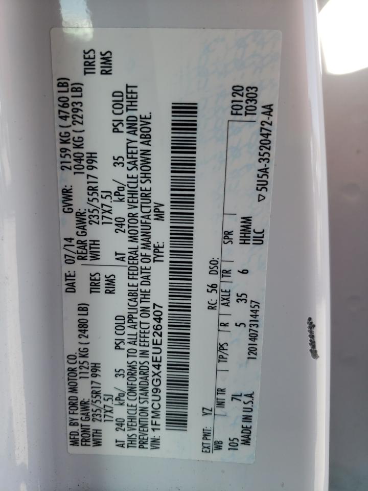 Photo 10 from auction – 2014 FORD ESCAPE SE with VIN 1FMCU9GX4EUE26407
