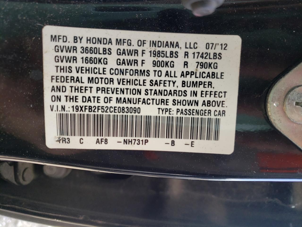 Photo 10 from auction – 2012 HONDA CIVIC LX with VIN 19XFB2F52CE083090