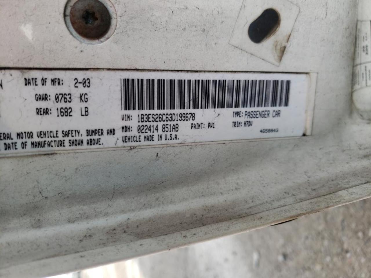 Photo 10 from auction – 2003 DODGE NEON SE with VIN 1B3ES26C63D199678