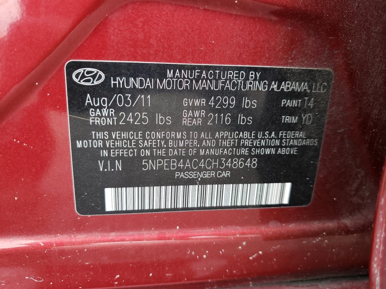 Photo 10 from auction – 2012 HYUNDAI SONATA GLS with VIN 5NPEB4AC4CH348648