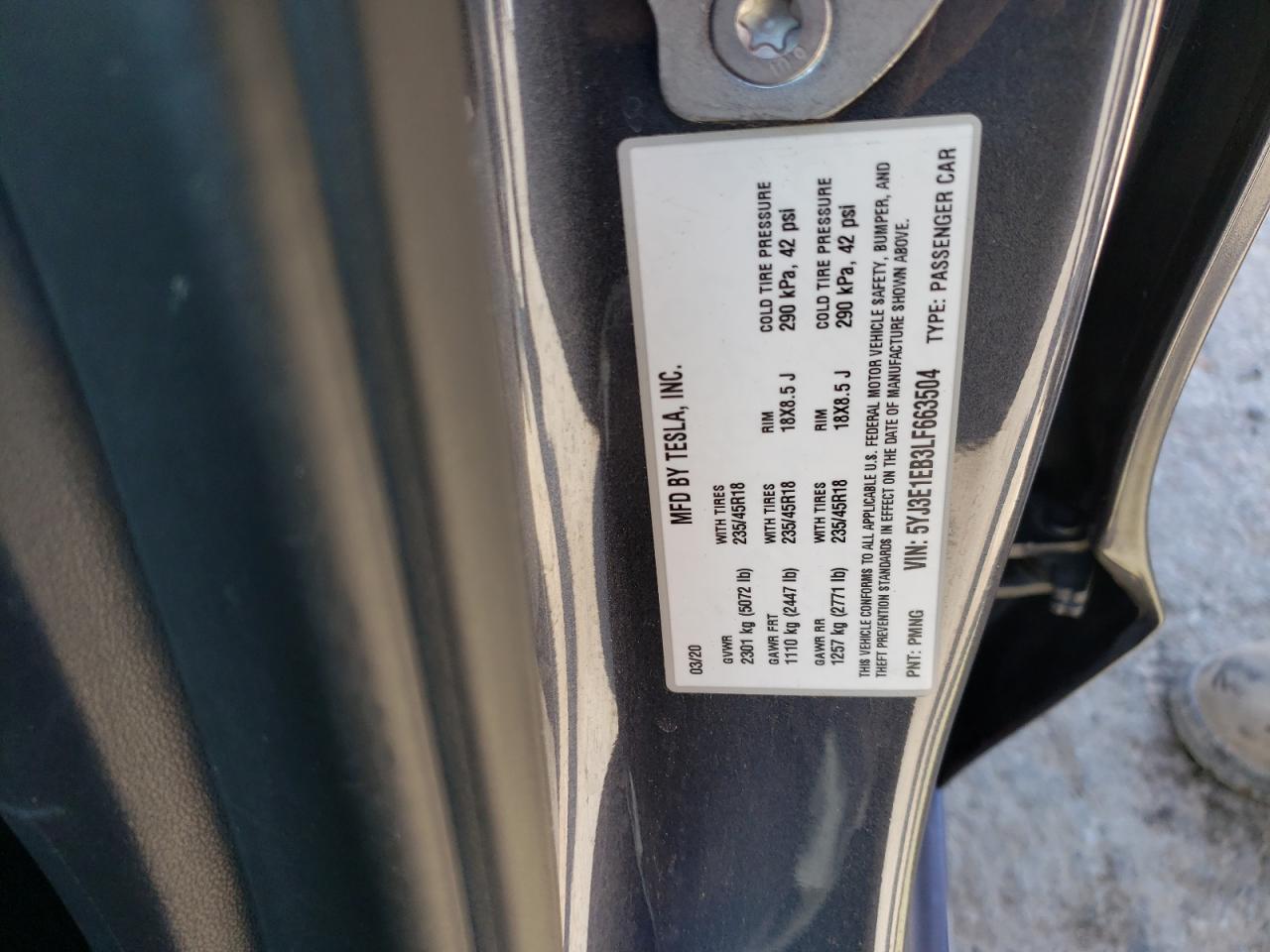 Photo 10 from auction – 2020 TESLA MODEL 3 with VIN 5YJ3E1EB3LF663504