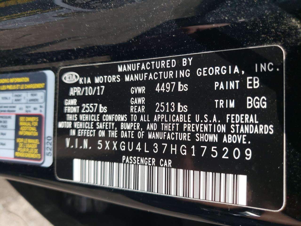 Photo 10 from auction – 2017 KIA OPTIMA EX with VIN 5XXGU4L37HG175209