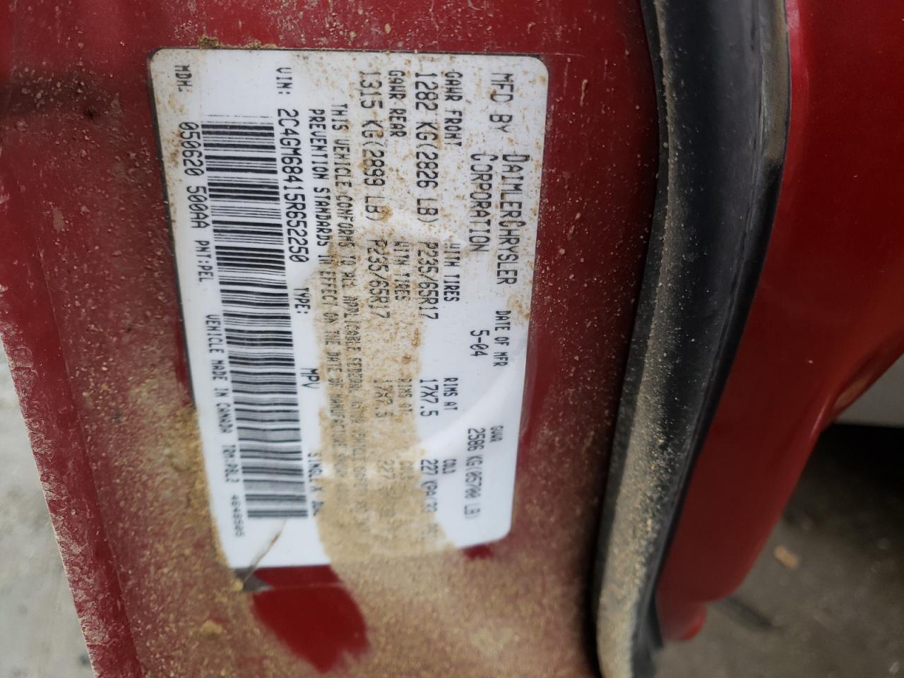 Photo 10 from auction – 2005 CHRYSLER PACIFICA T with VIN 2C4GM68415R652250