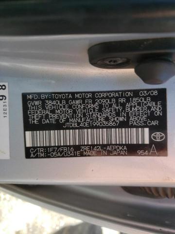 Zdjęcie 10 z aukcji – 2009 TOYOTA COROLLA BA z VIN JTDBL40E199035867