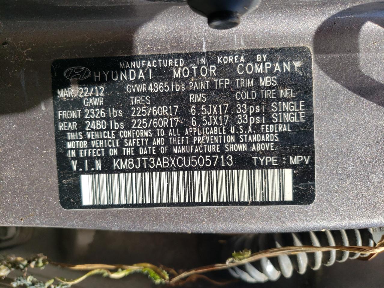 Photo 10 from auction – 2012 HYUNDAI TUCSON GL with VIN KM8JT3ABXCU505713