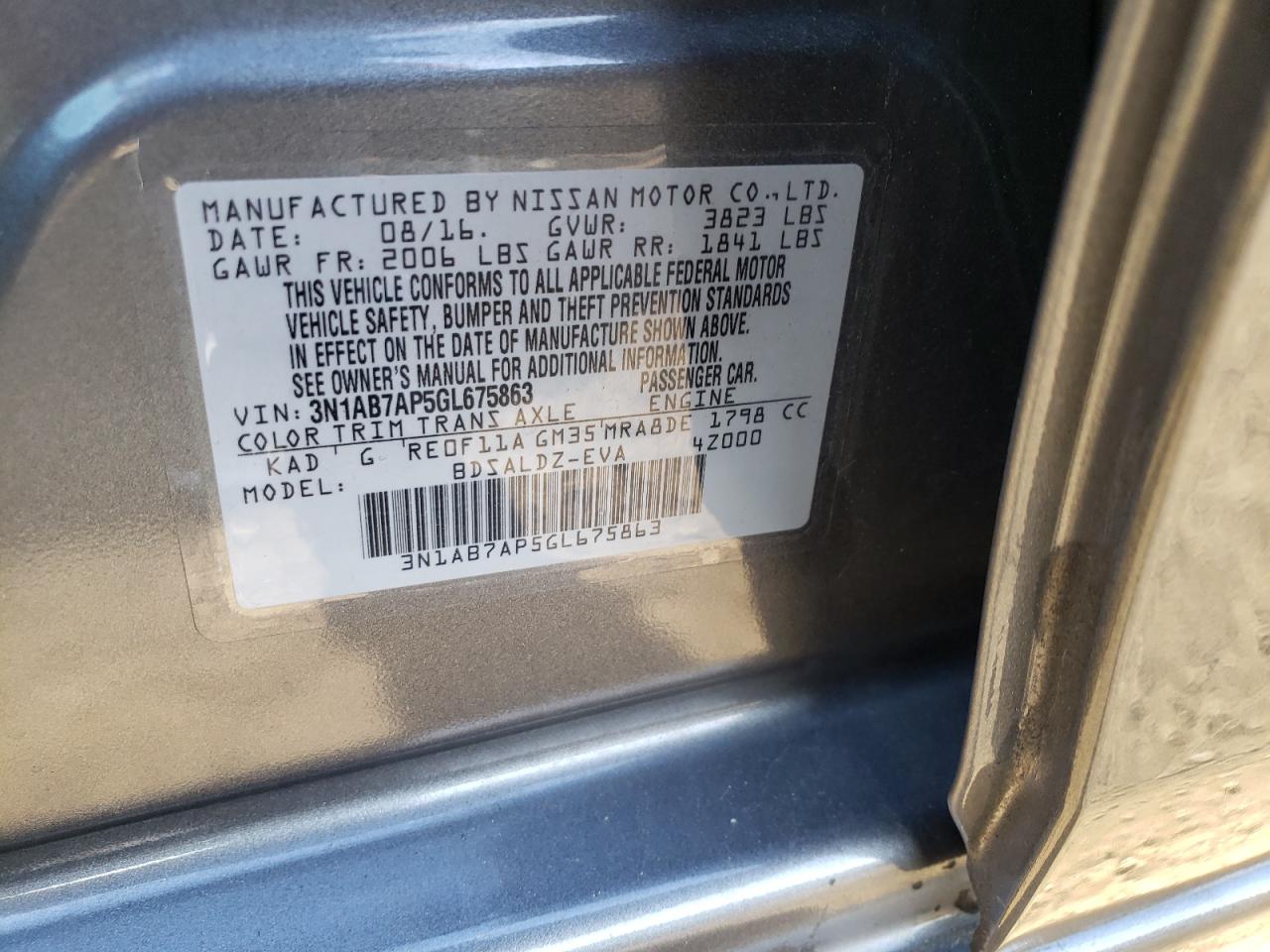 Photo 10 from auction – 2016 NISSAN SENTRA S with VIN 3N1AB7AP5GL675863