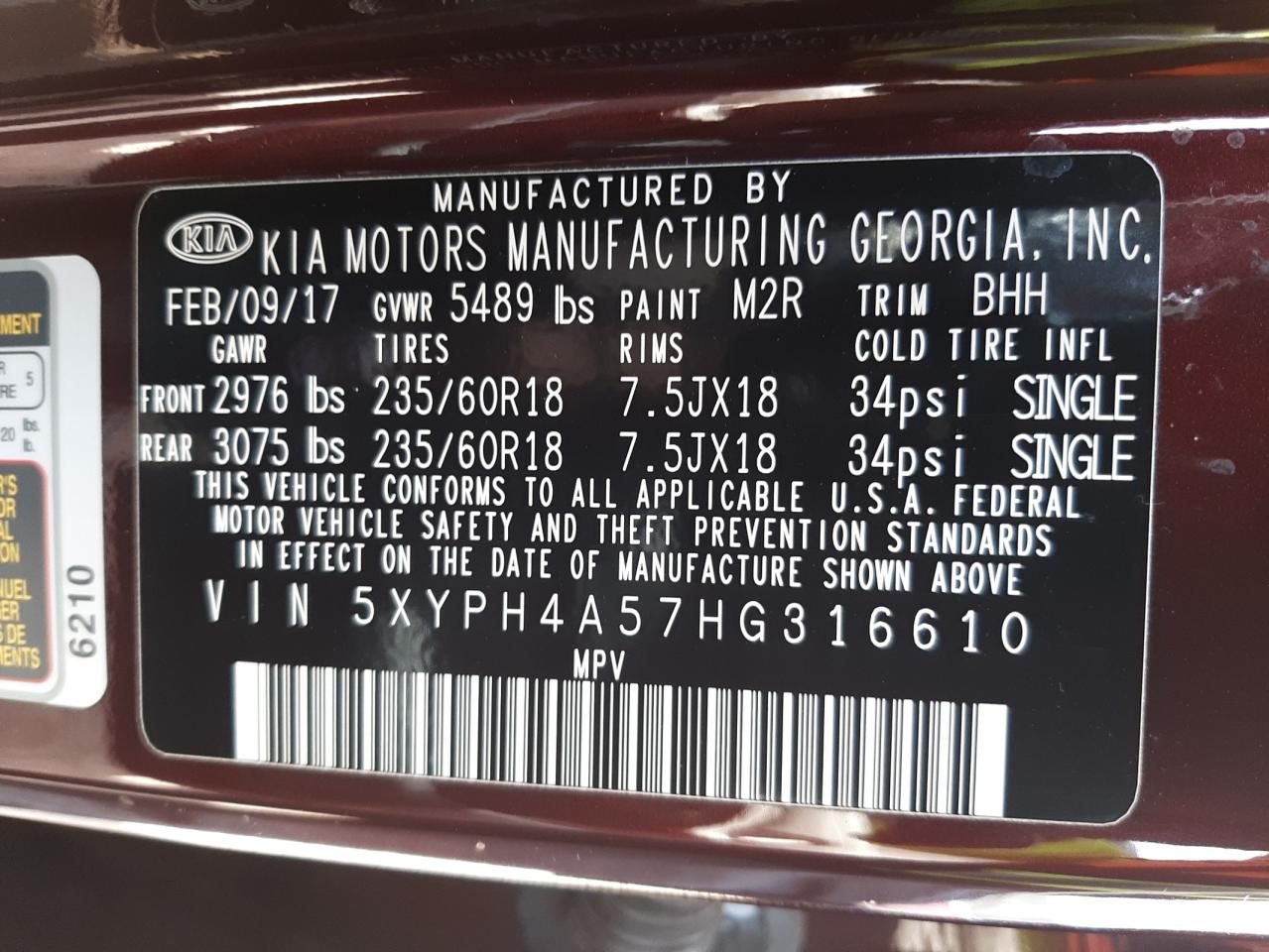 Photo 10 from auction – 2017 KIA SORENTO EX with VIN 5XYPH4A57HG316610