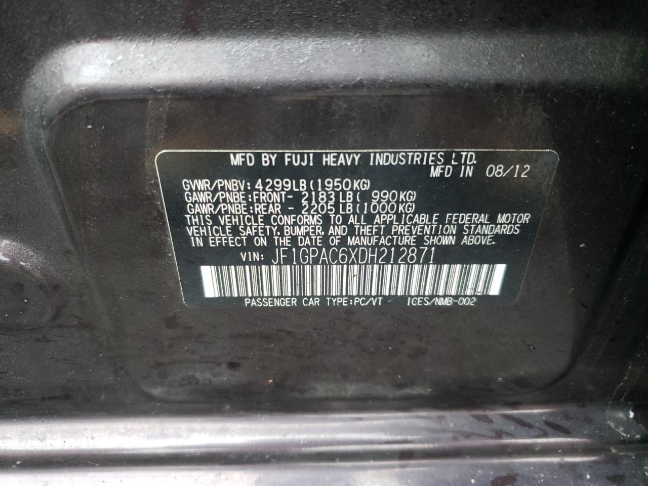 Foto 10 de la subasta – 2013 SUBARU IMPREZA PR con VIN JF1GPAC6XDH212871