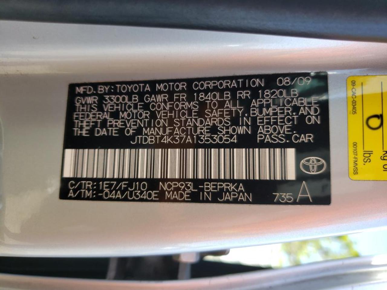 Photo 10 from auction – 2010 TOYOTA YARIS with VIN JTDBT4K37A1353054