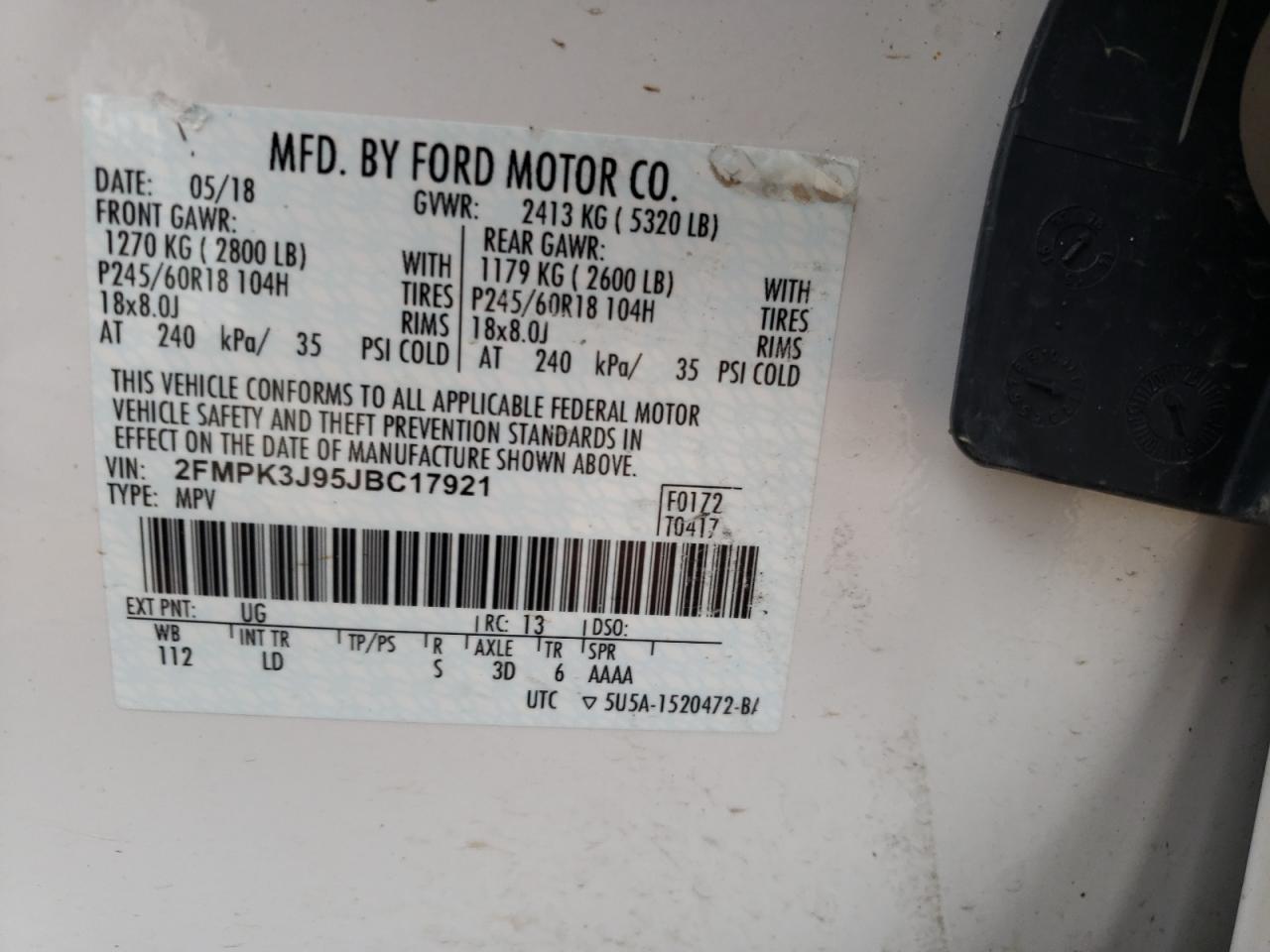 Photo 10 from auction – 2018 FORD EDGE SEL with VIN 2FMPK3J95JBC17921
