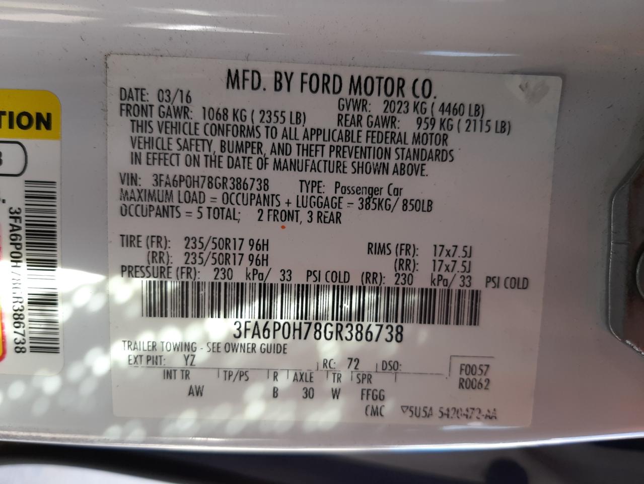 Photo 10 from auction – 2016 FORD FUSION SE with VIN 3FA6P0H78GR386738