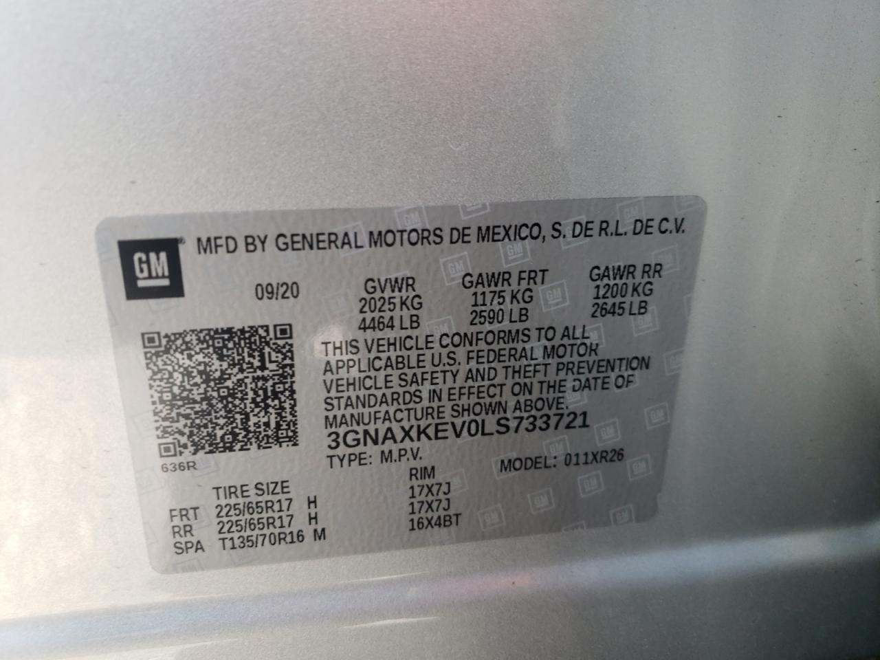 Photo 10 from auction – 2020 CHEVROLET EQUINOX LT with VIN 3GNAXKEV0LS733721