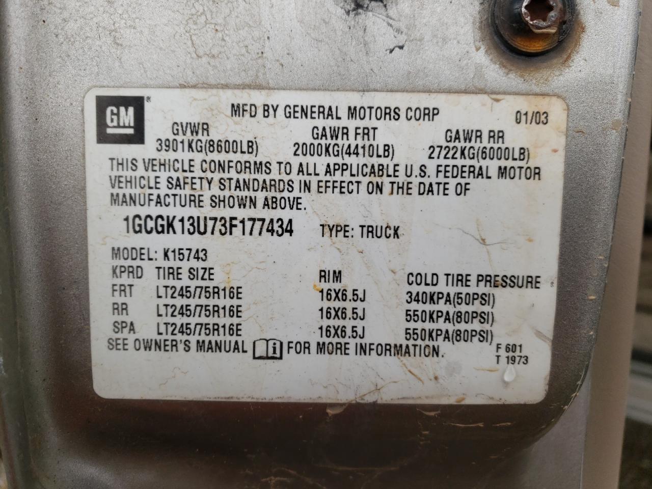 Photo 10 from auction – 2003 CHEVROLET SILVERADO with VIN 1GCGK13U73F177434