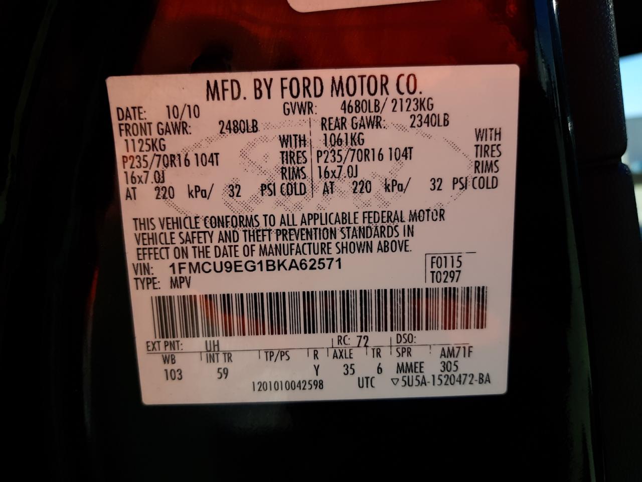 Photo 10 from auction – 2011 FORD ESCAPE LIM with VIN 1FMCU9EG1BKA62571