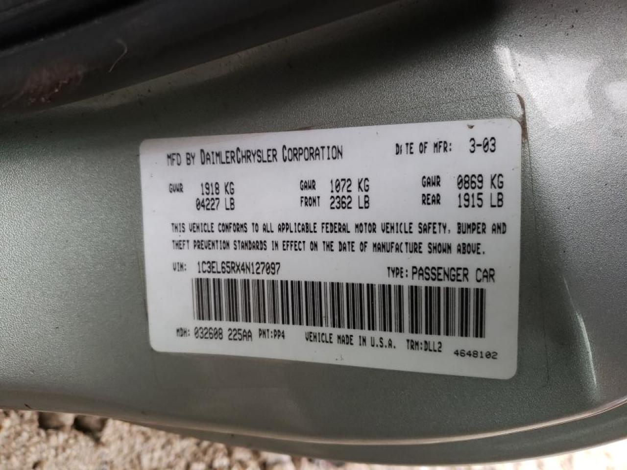 Photo 10 from auction – 2004 CHRYSLER SEBRING LI with VIN 1C3EL65RX4N127097