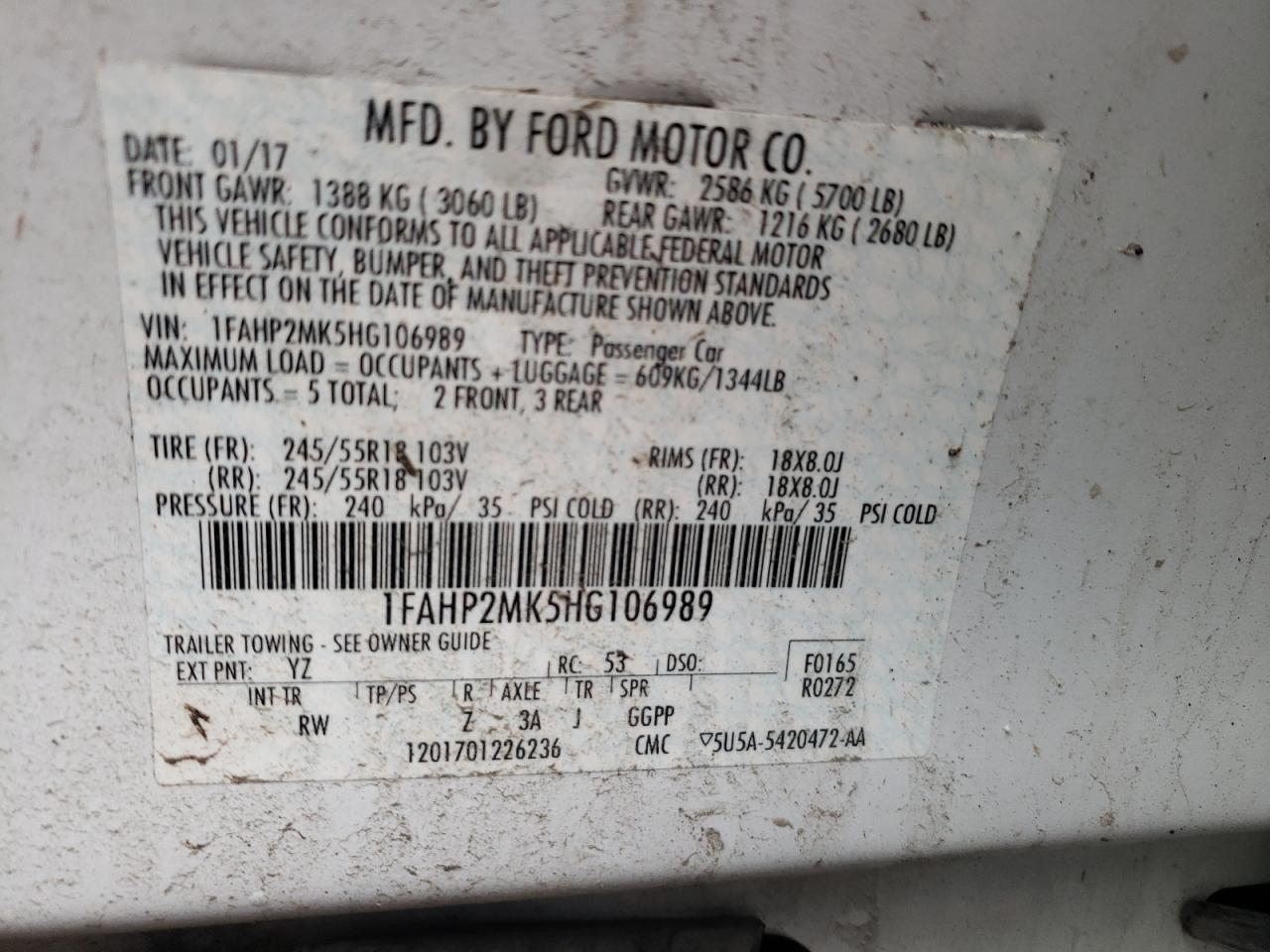 Photo 10 from auction – 2017 FORD TAURUS POL with VIN 1FAHP2MK5HG106989