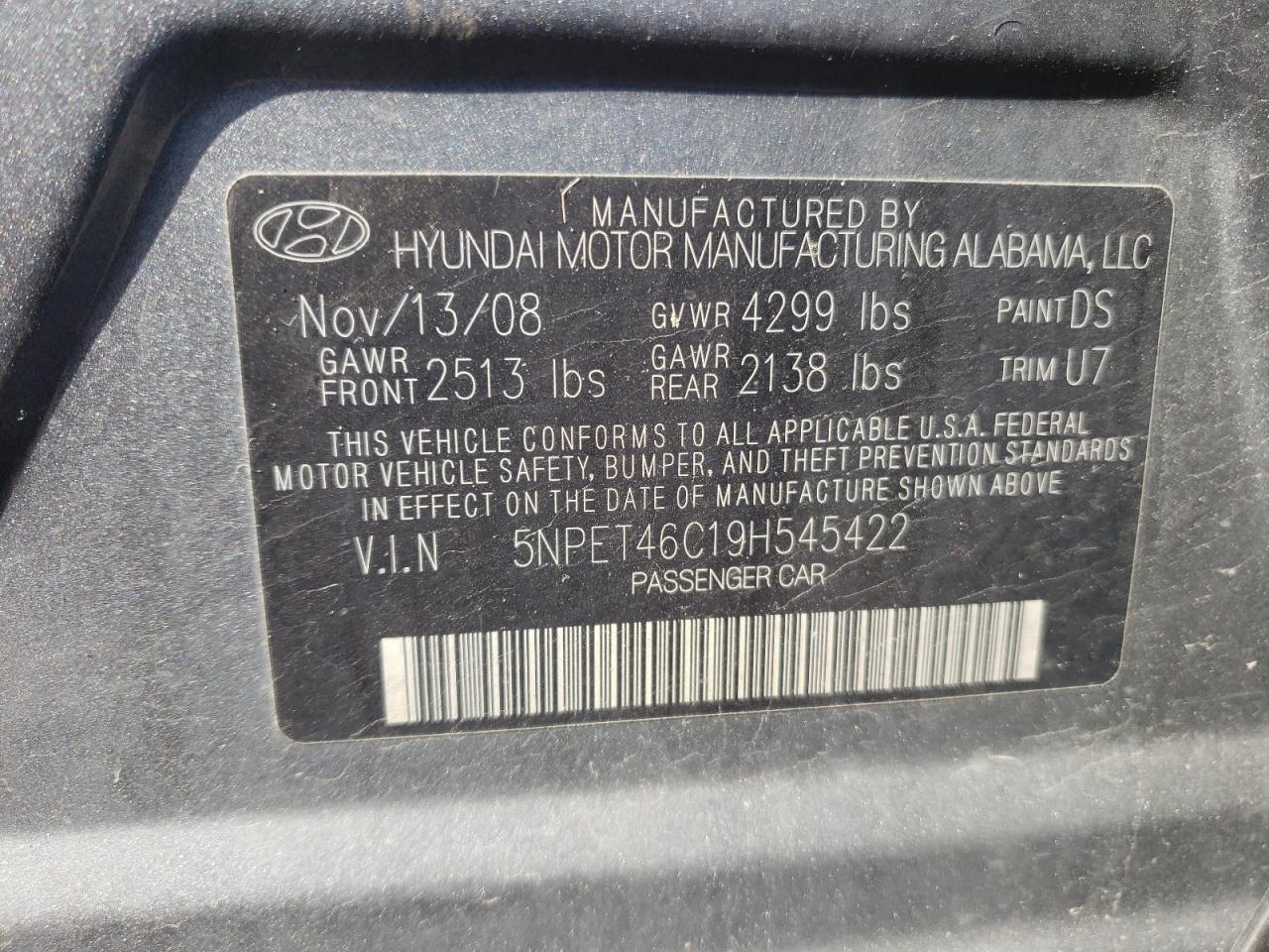 Photo 10 from auction – 2009 HYUNDAI SONATA GLS with VIN 5NPET46C19H545422