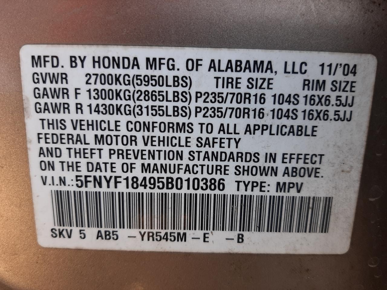 Photo 10 from auction – 2005 HONDA PILOT EX with VIN 5FNYF18495B010386