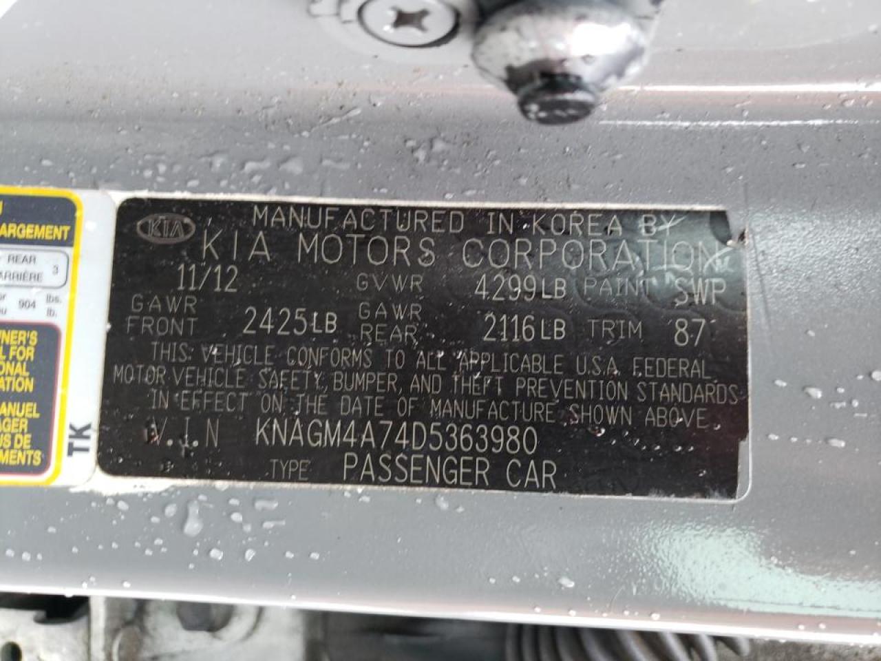 Photo 10 from auction – 2013 KIA OPTIMA LX with VIN KNAGM4A74D5363980