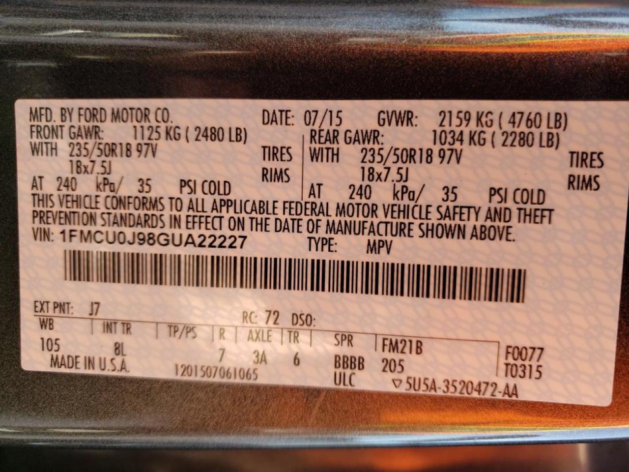 Photo 10 from auction – 2016 FORD ESCAPE TIT with VIN 1FMCU0J98GUA22227