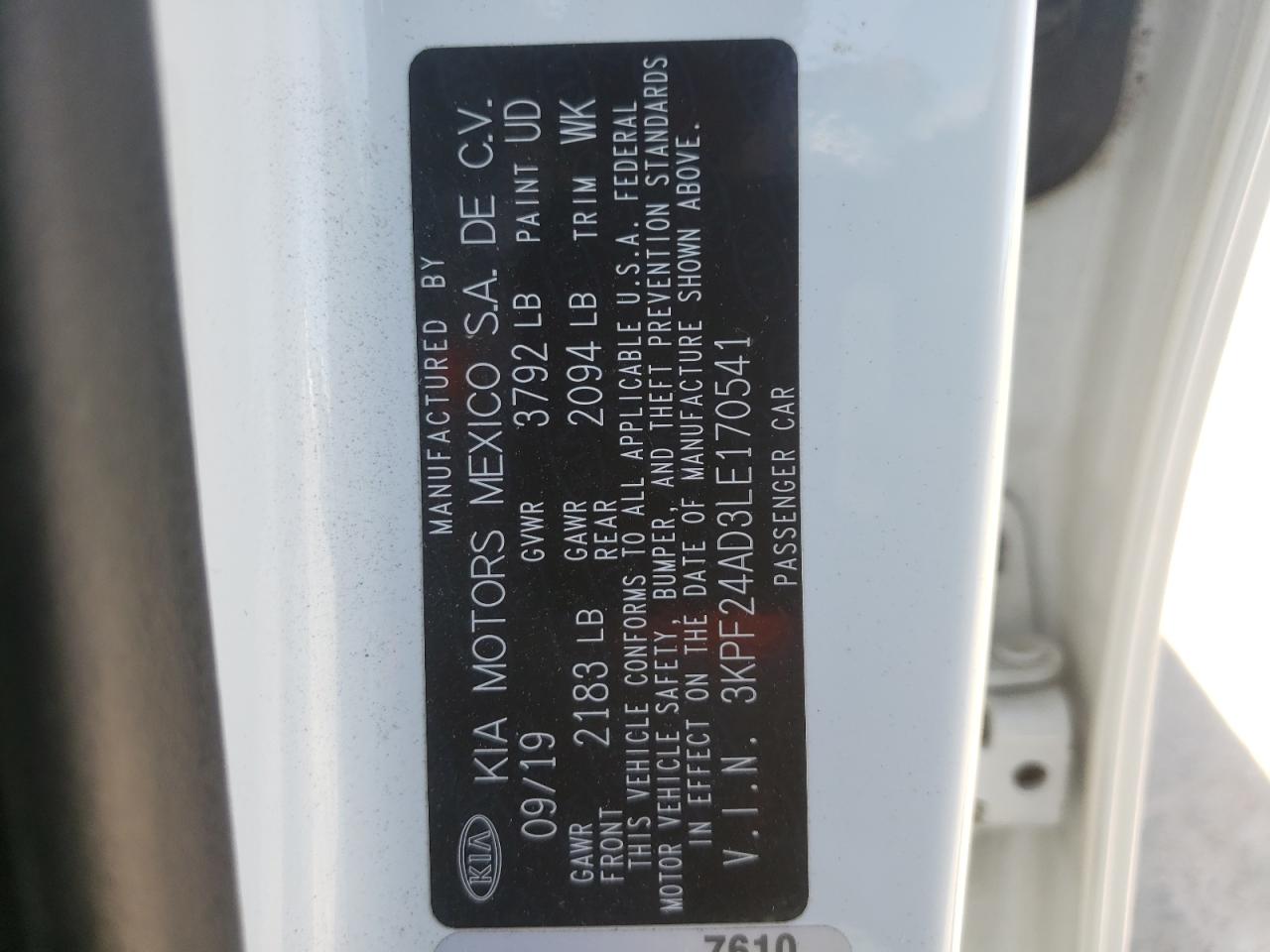 Photo 10 from auction – 2020 KIA FORTE FE with VIN 3KPF24AD3LE170541