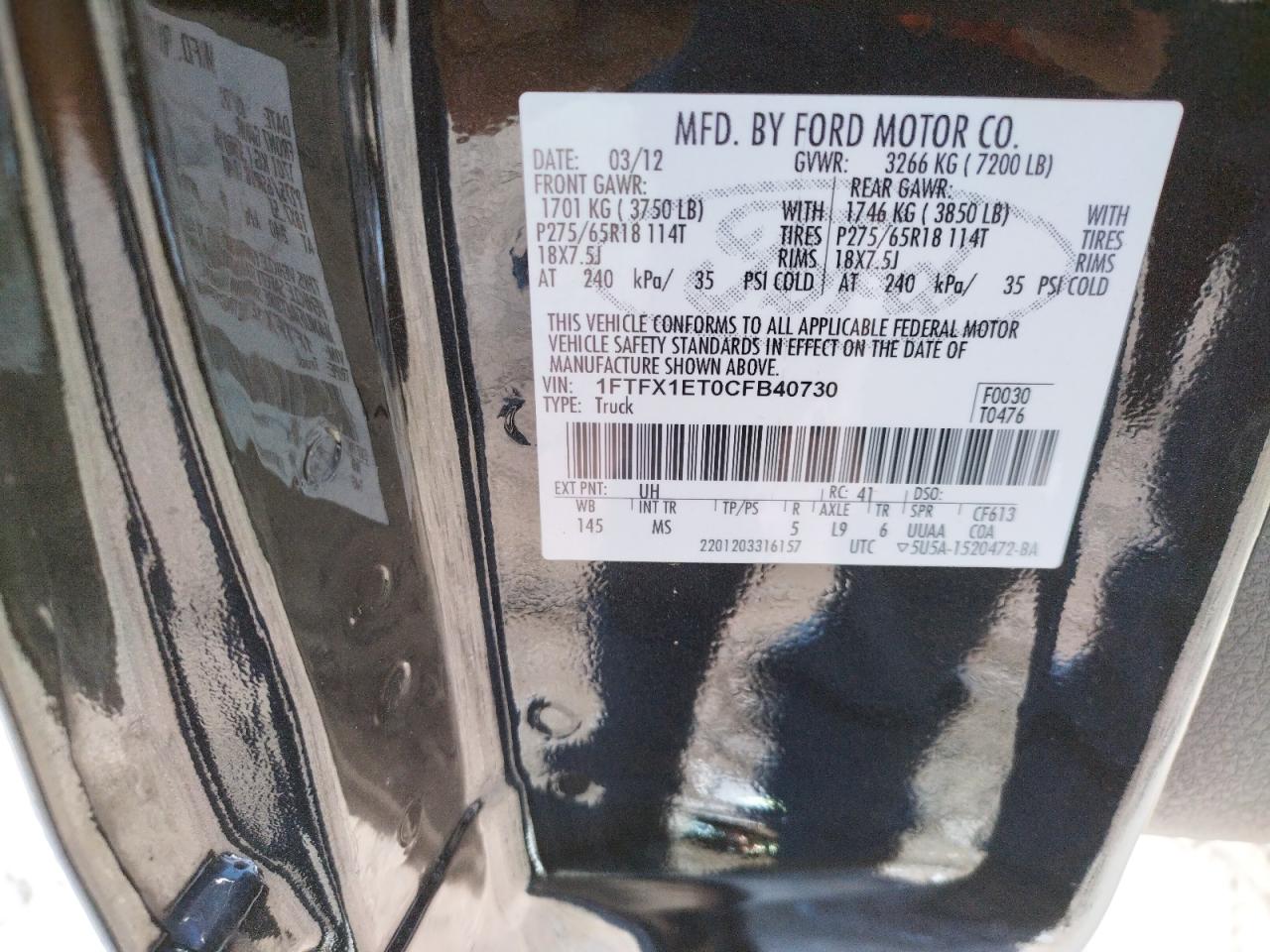 Photo 10 from auction – 2012 FORD F150 SUPER with VIN 1FTFX1ET0CFB40730