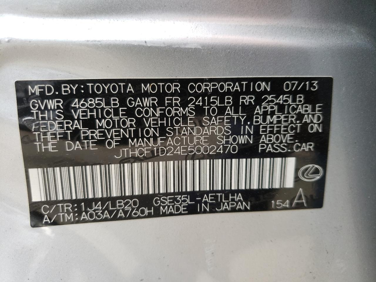 Photo 10 from auction – 2014 LEXUS IS 250 with VIN JTHCF1D24E5002470