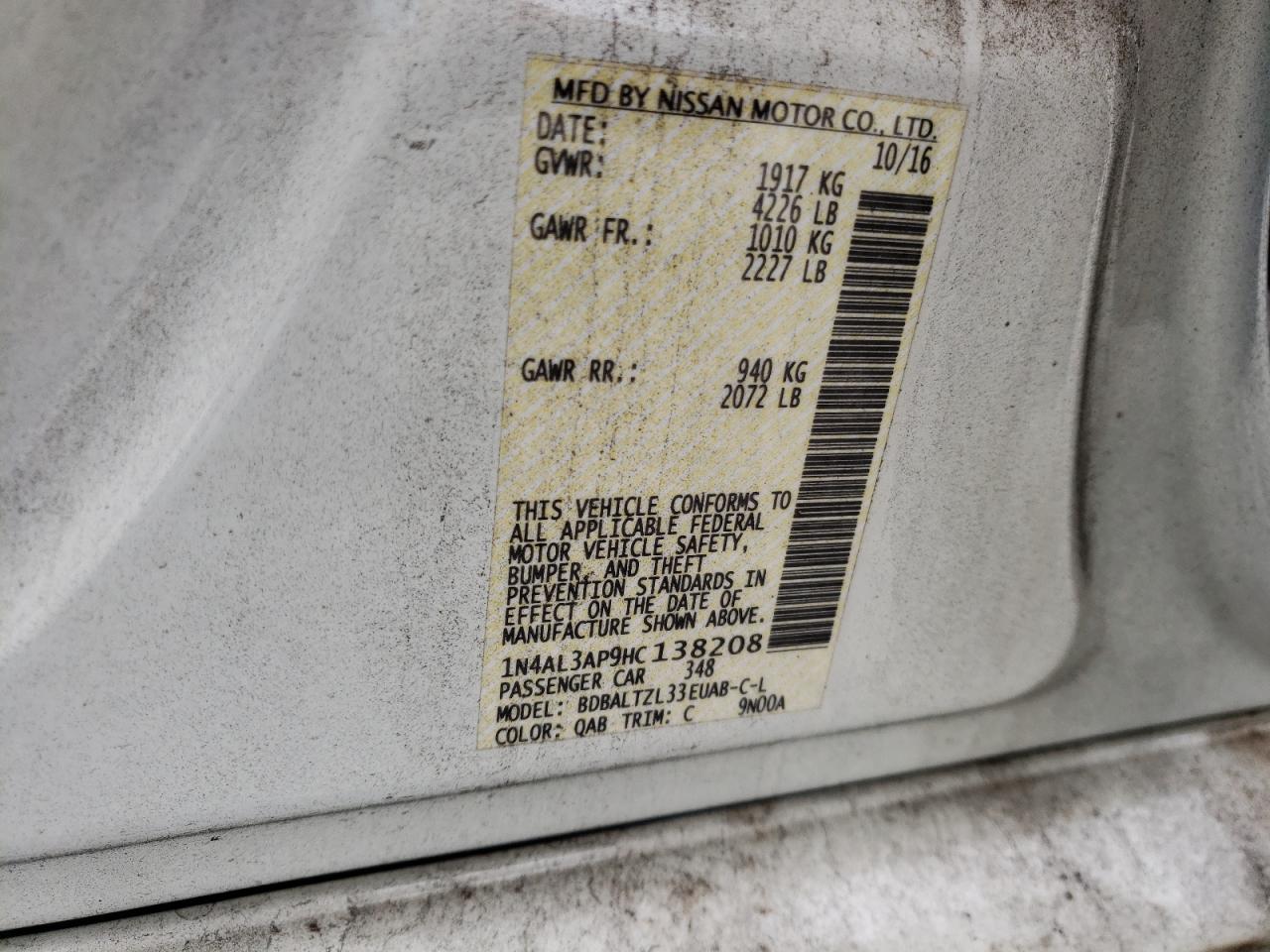 Photo 10 from auction – 2017 NISSAN ALTIMA 2.5 with VIN 1N4AL3AP9HC138208