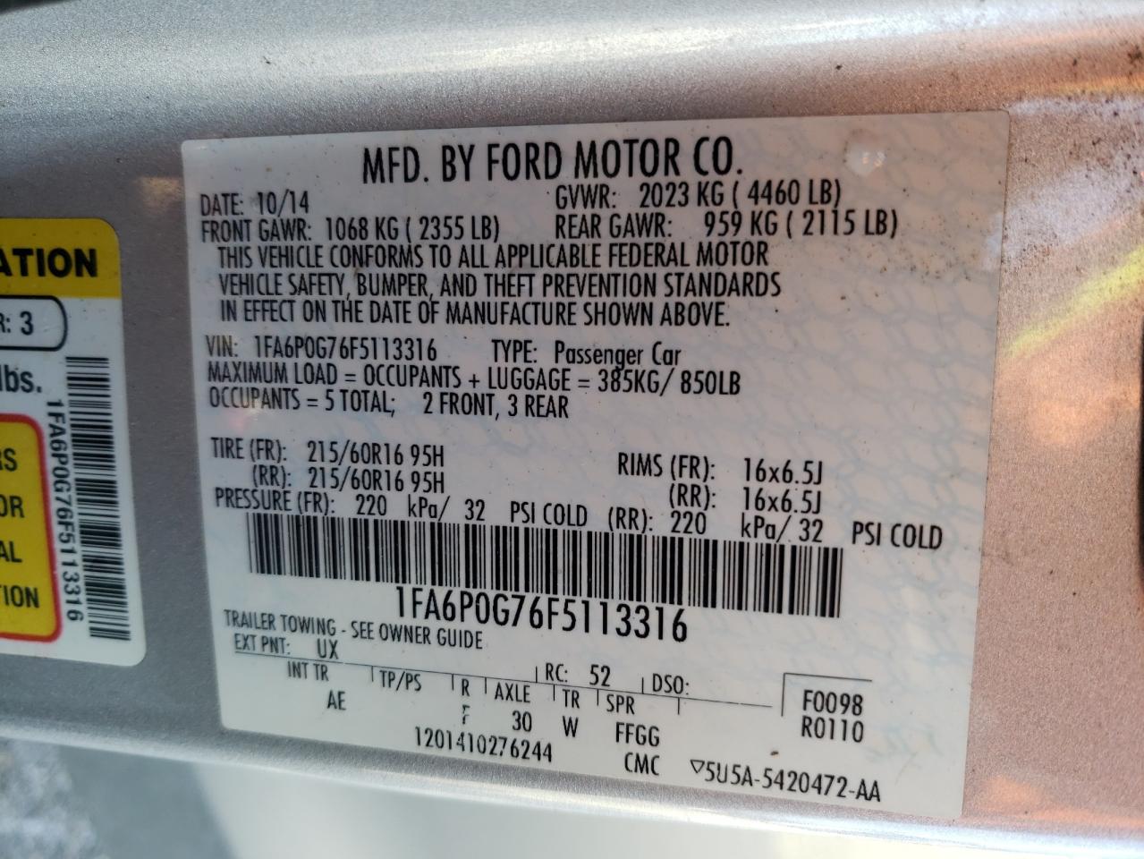 Photo 10 from auction – 2015 FORD FUSION S with VIN 1FA6P0G76F5113316
