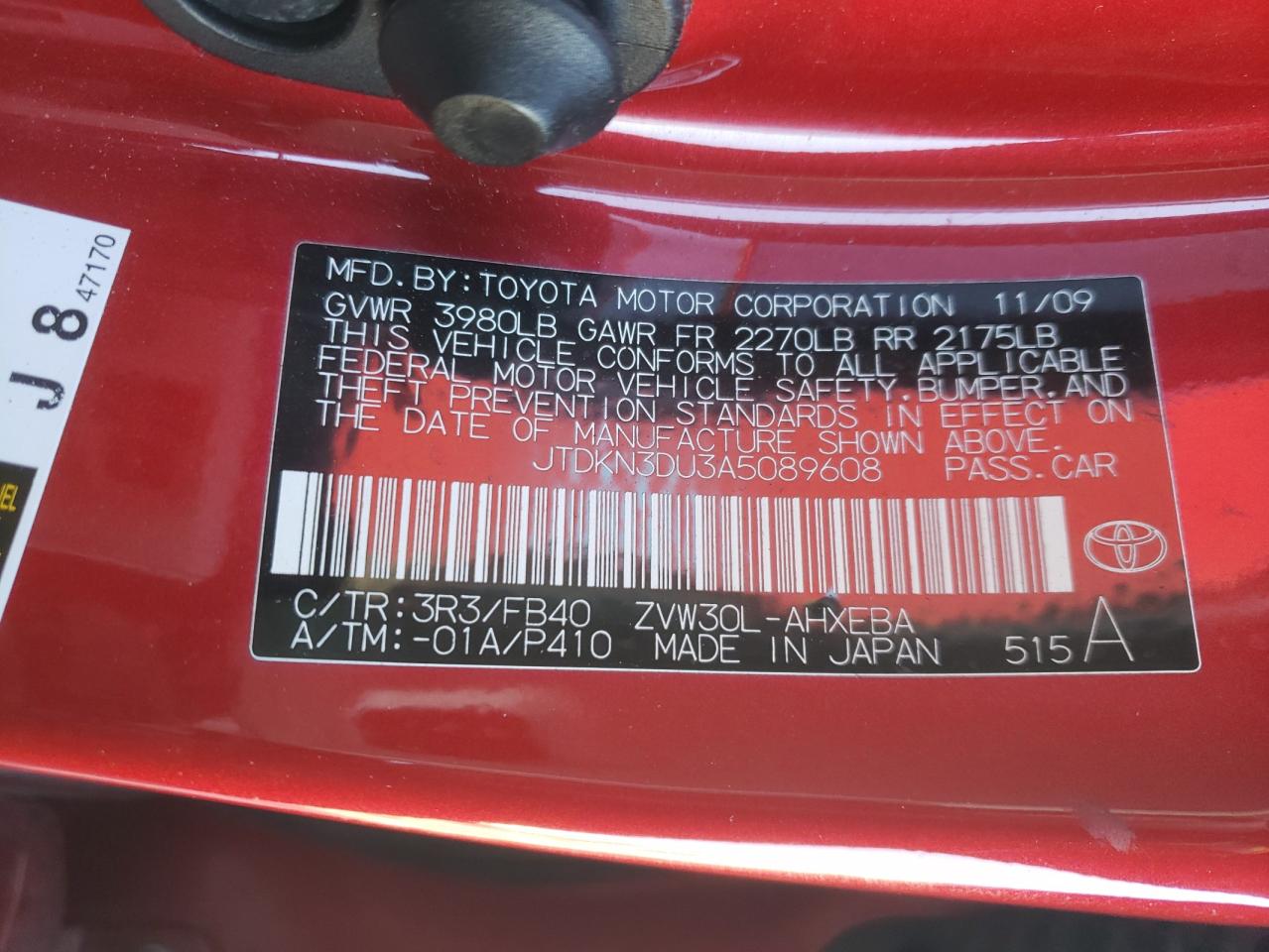 Photo 10 from auction – 2010 TOYOTA PRIUS with VIN JTDKN3DU3A5089608