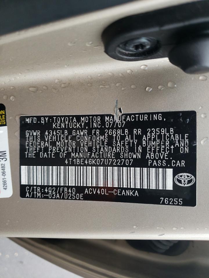 Photo 10 from auction – 2007 TOYOTA CAMRY CE with VIN 4T1BE46K07U722707