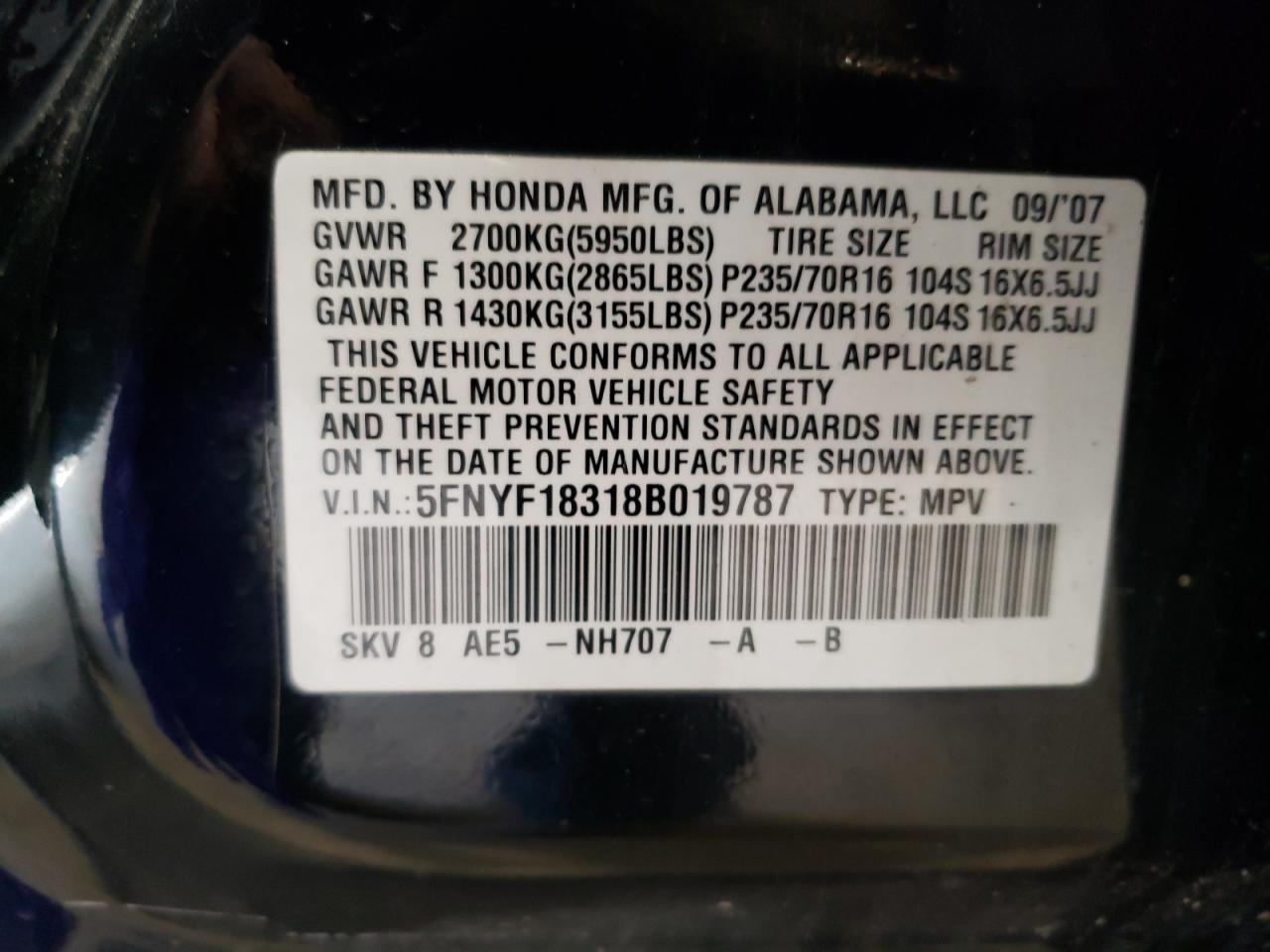 Photo 10 from auction – 2008 HONDA PILOT SE with VIN 5FNYF18318B019787