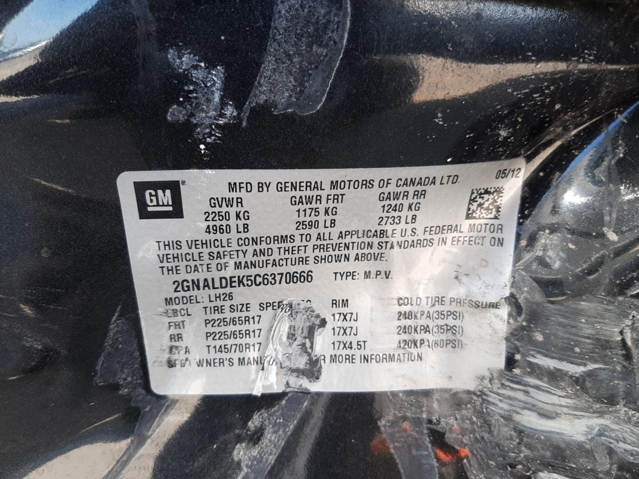 Photo 10 from auction – 2012 CHEVROLET EQUINOX LT with VIN 2GNALDEK5C6370666