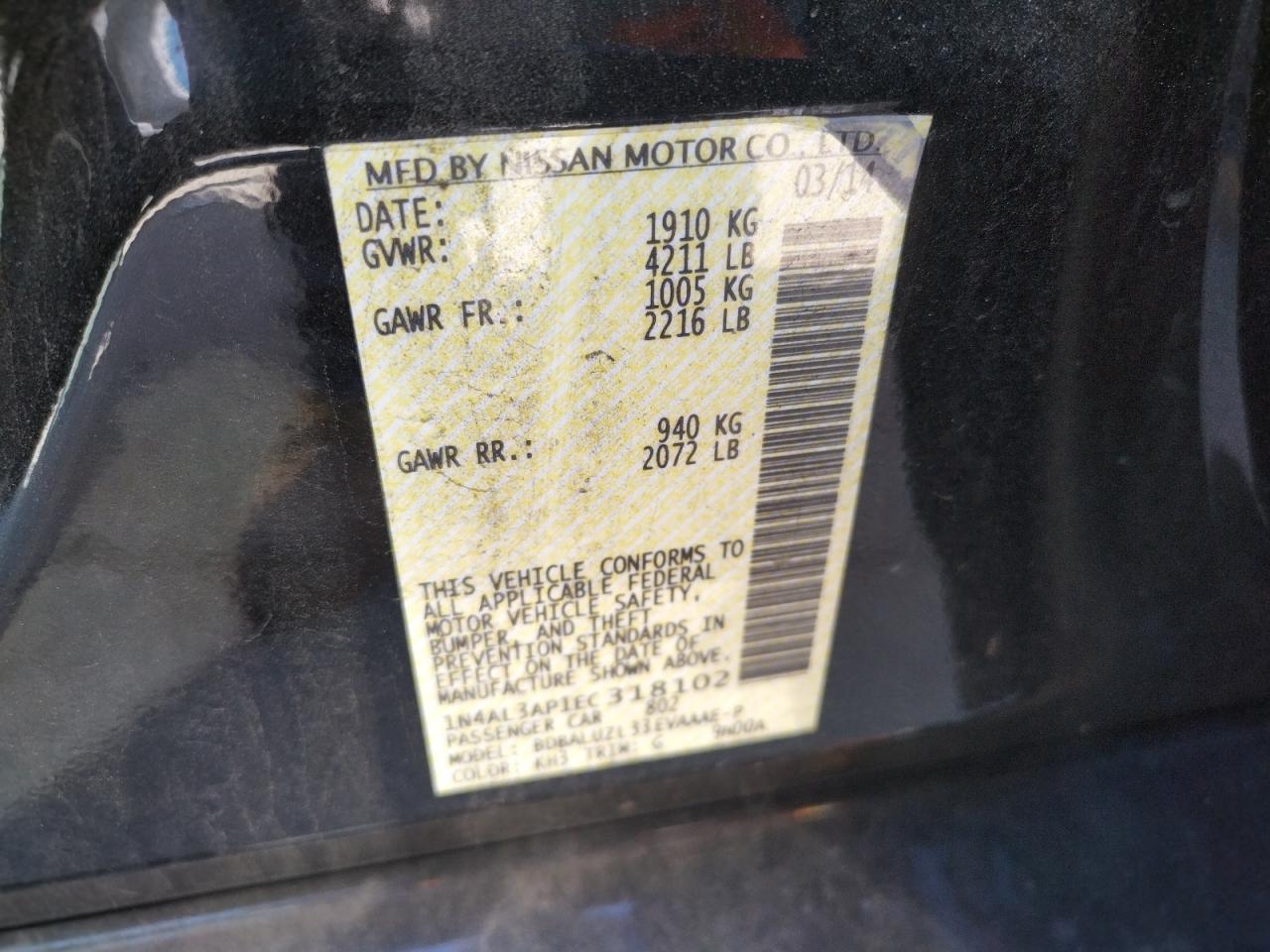 Photo 10 from auction – 2014 NISSAN ALTIMA 2.5 with VIN 1N4AL3AP1EC318102