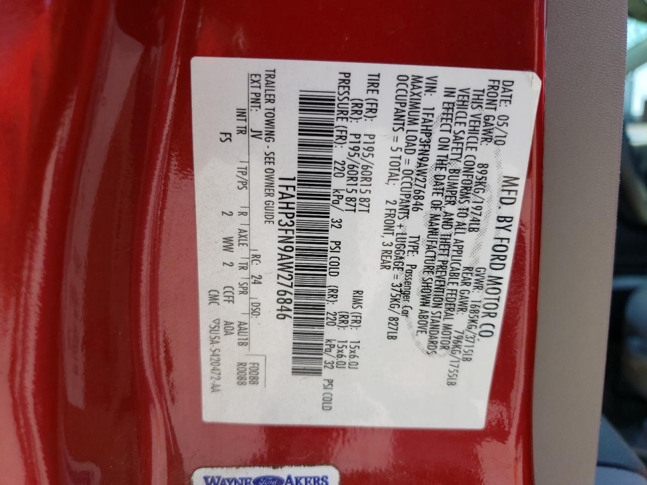 Photo 10 from auction – 2010 FORD FOCUS SE with VIN 1FAHP3FN9AW276846