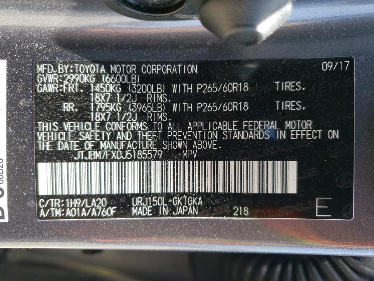 Photo 10 from auction – 2018 LEXUS GX 460 with VIN JTJBM7FX0J5185579
