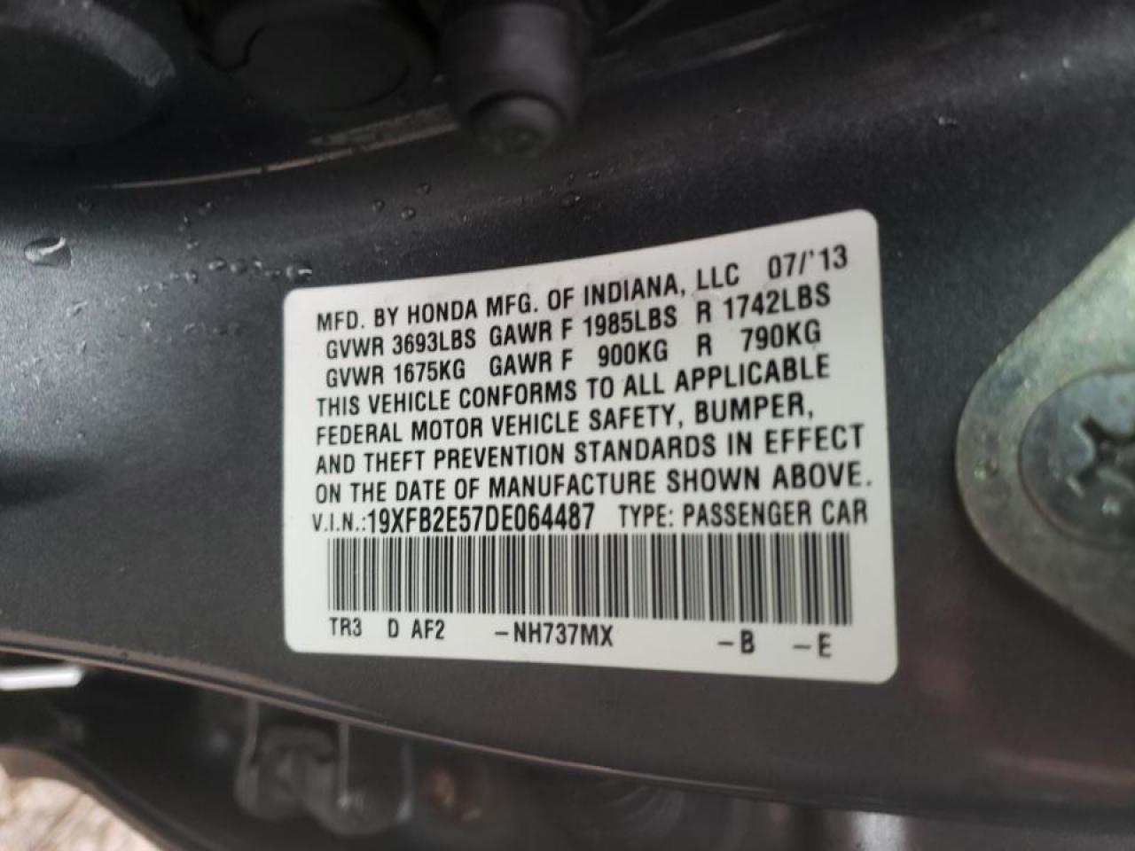 Photo 10 from auction – 2013 HONDA CIVIC LX with VIN 19XFB2E57DE064487